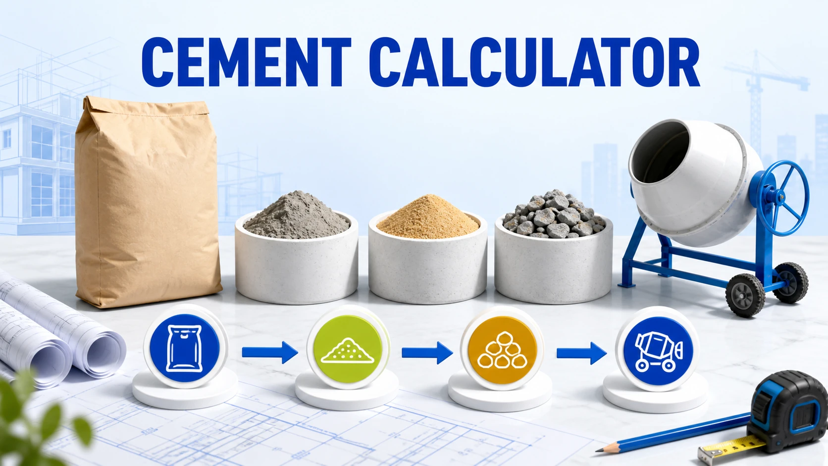 Light-theme Cement Calculator illustration with cement, sand, aggregate, and a mixer