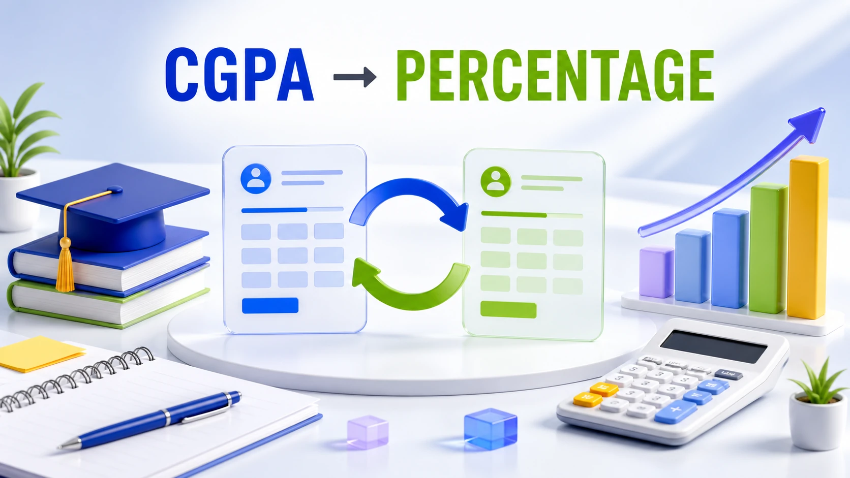 Light-theme CGPA to Percentage illustration with academic score cards and conversion arrows