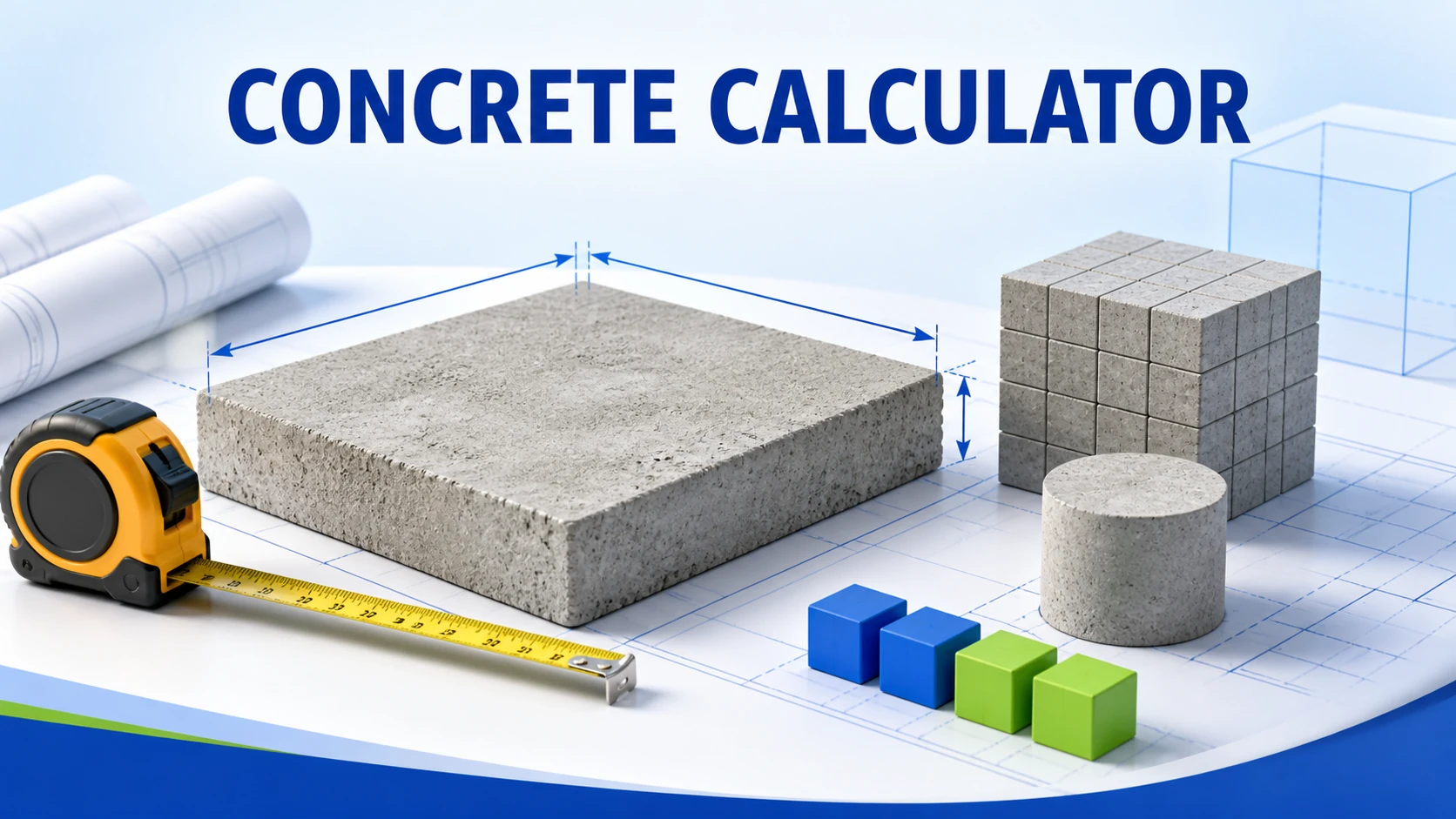 Light-theme Concrete Calculator illustration with concrete forms, measurement arrows, and a tape measure