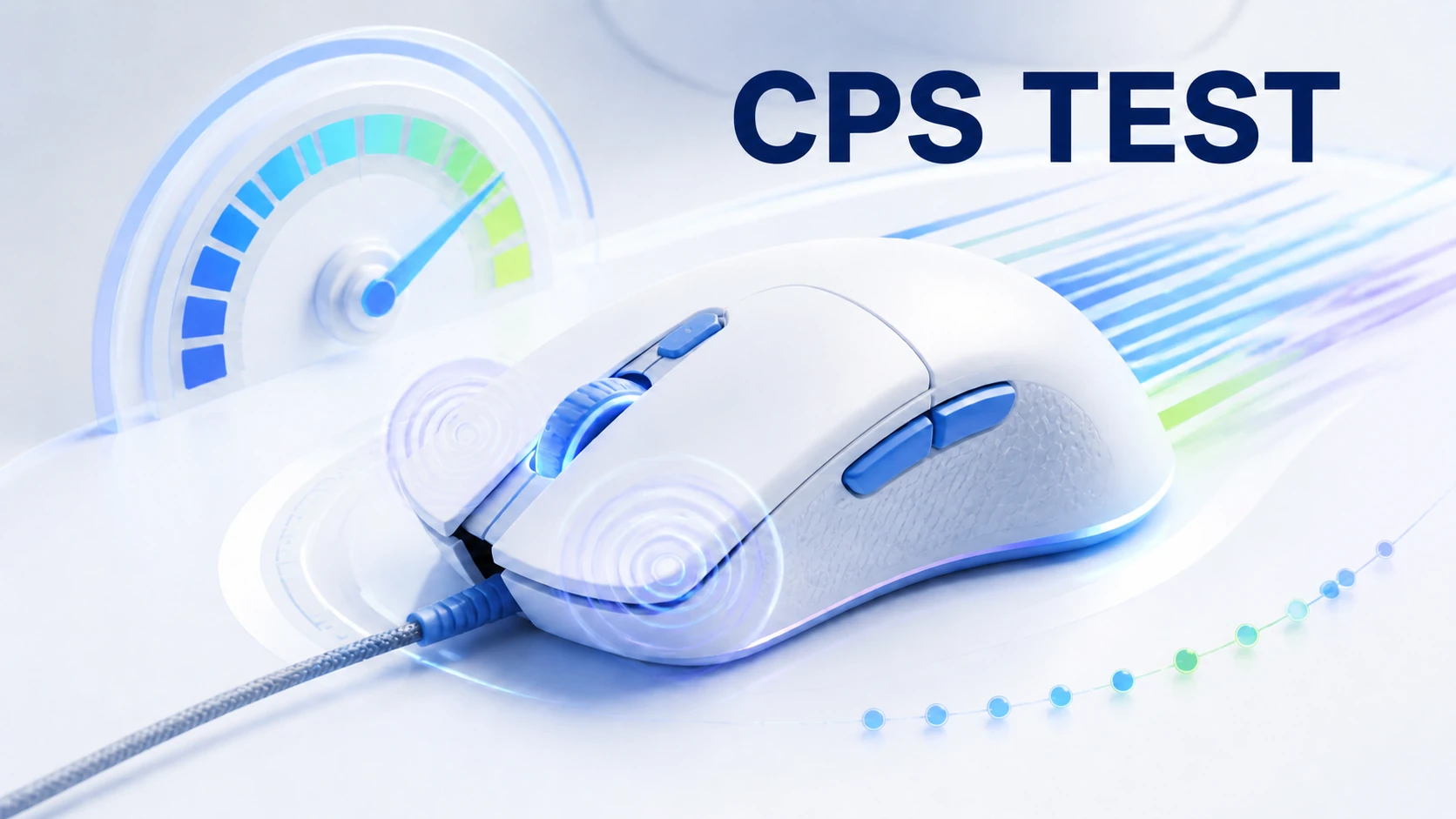 Light-theme CPS Test illustration with a gaming mouse, click pulses, and a speed gauge