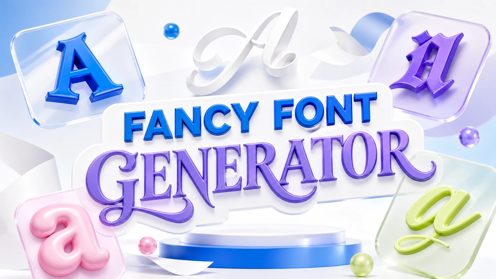 Light-theme Fancy Font Generator illustration with colorful 3D letterforms and style cards