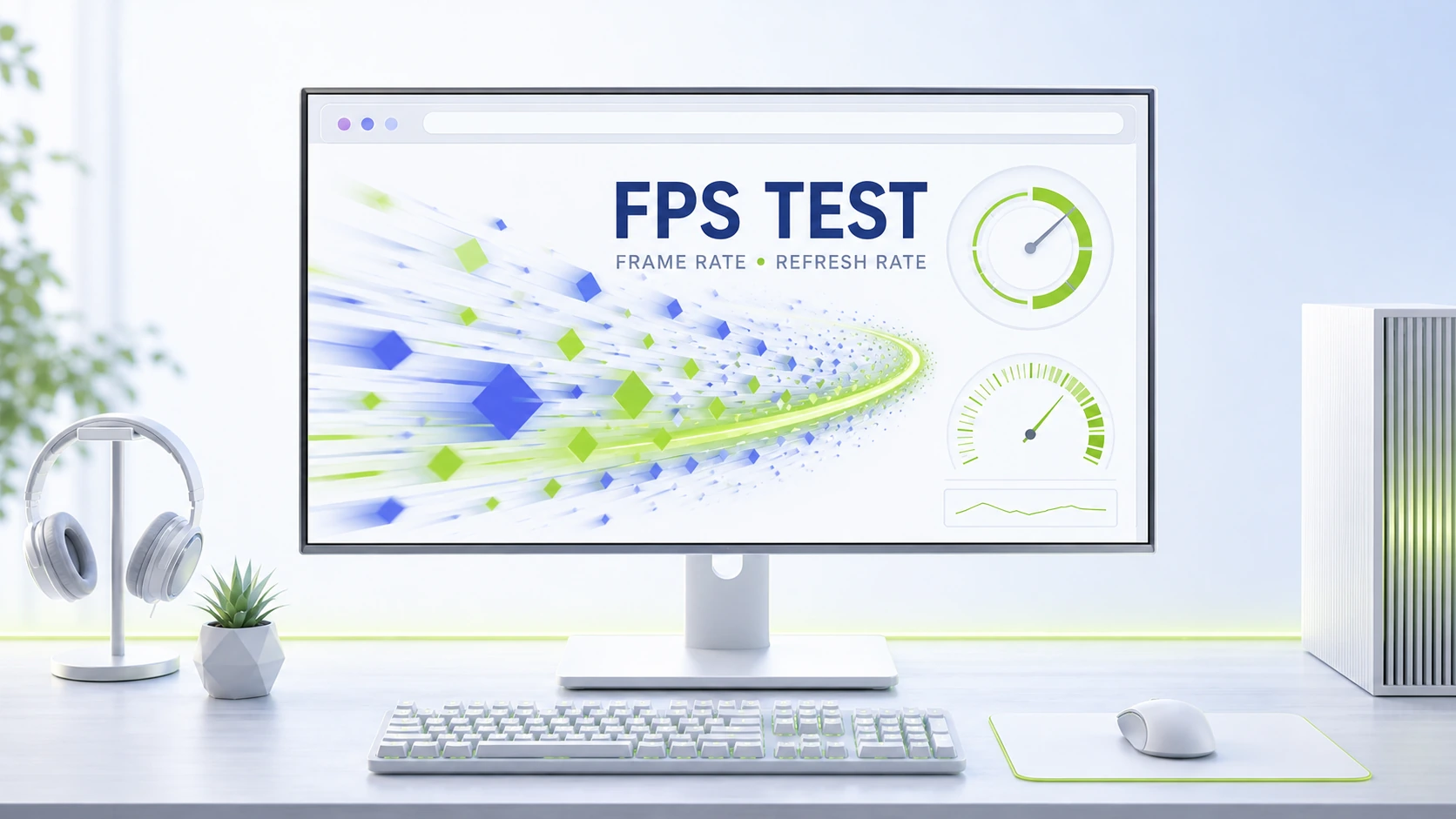 Light-theme gaming monitor illustration labeled FPS Test with a smooth frame-rate animation and refresh-rate gauges
