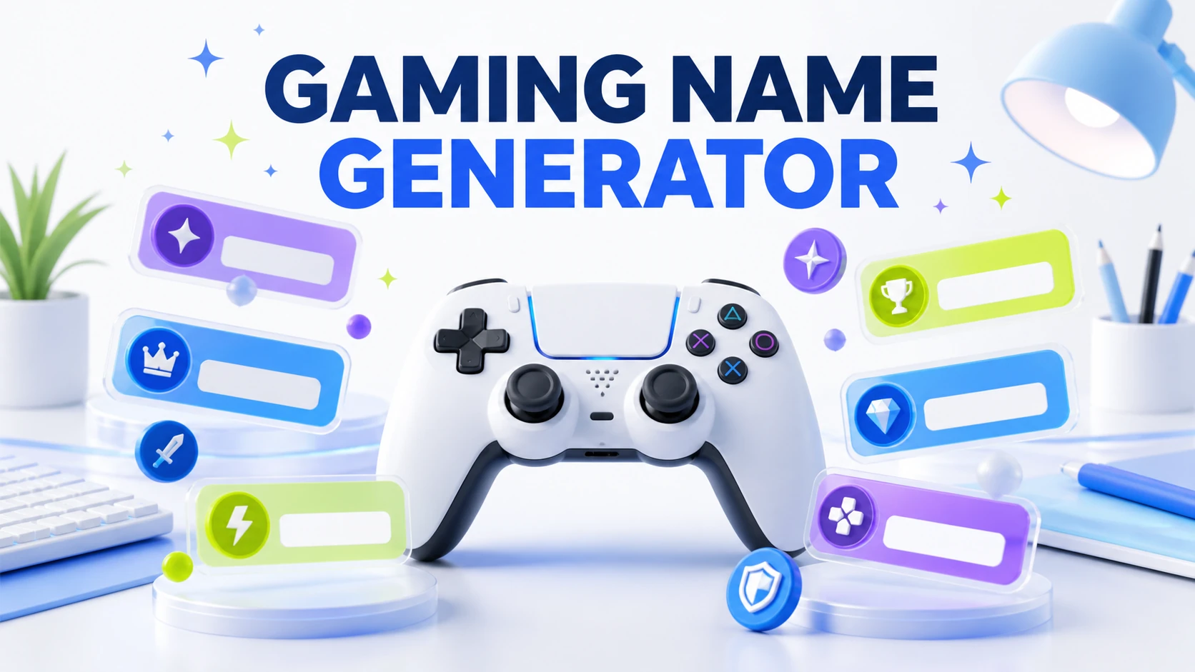 Light-theme Gaming Name Generator illustration with a game controller and colorful username cards