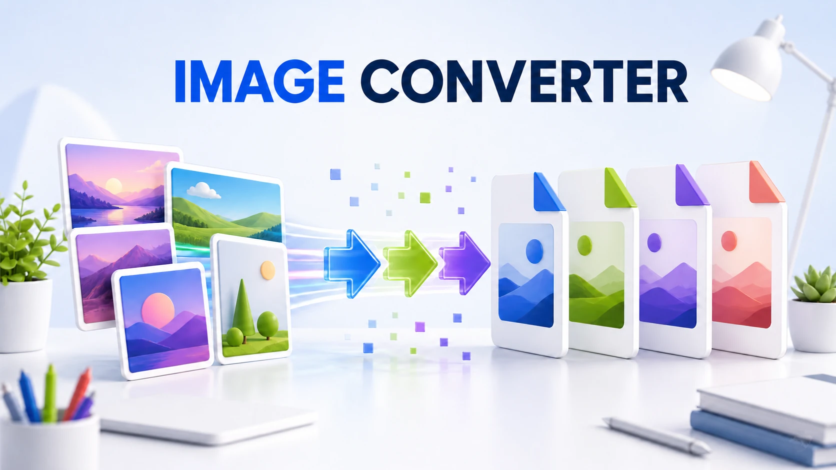 Light-theme Image Converter illustration with image cards moving through conversion arrows