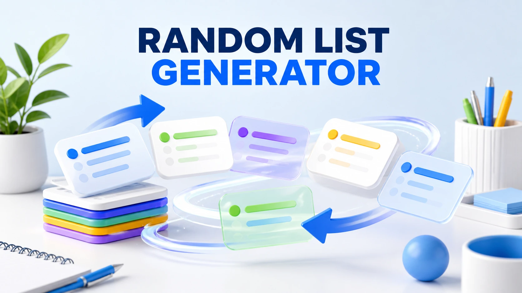 Light-theme Random List Generator illustration with shuffled list cards and arrows