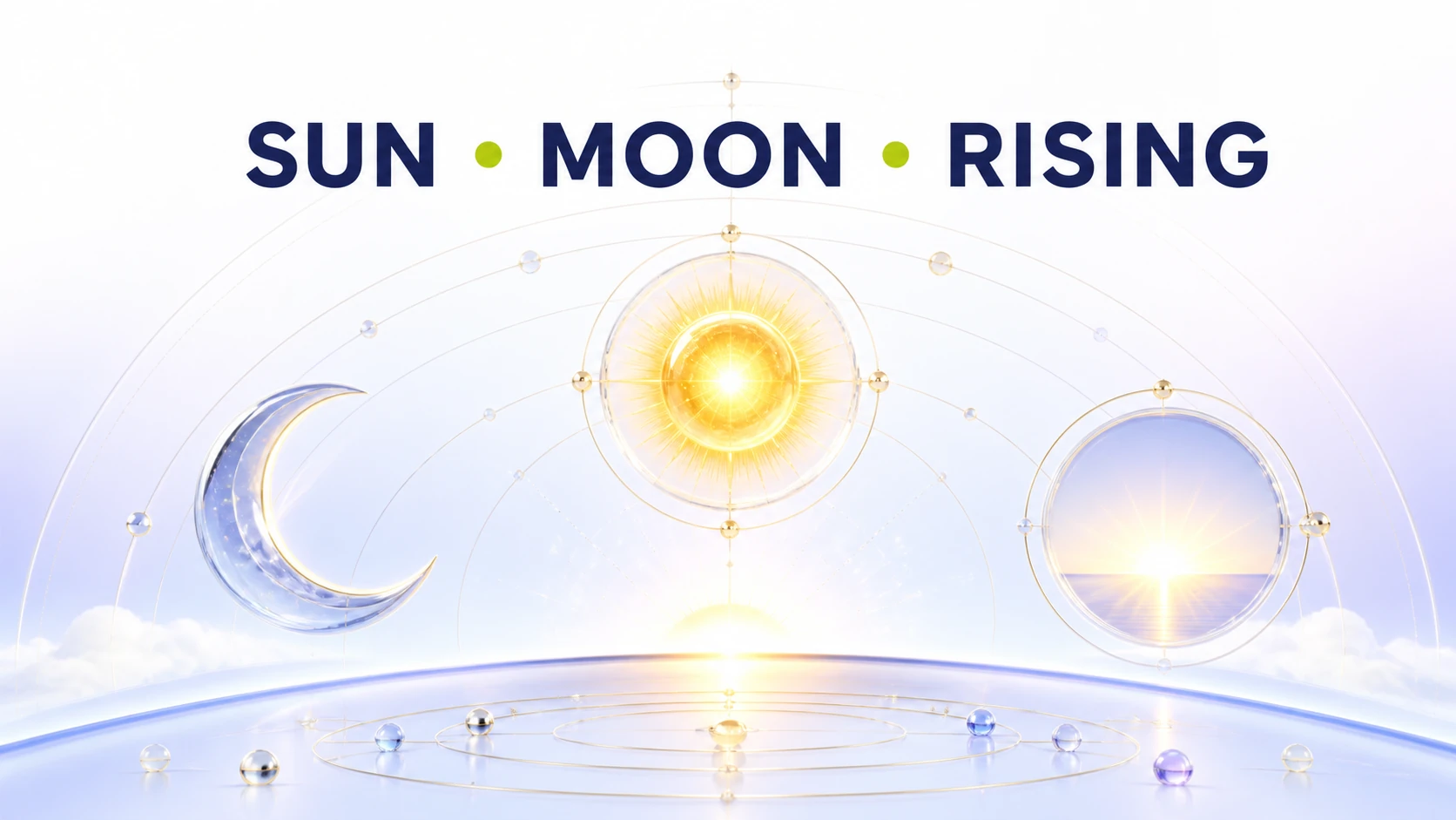 Sun Moon Rising calculator article illustration Light-theme Sun Moon Rising illustration with a sun, crescent moon, and orbital horizon
