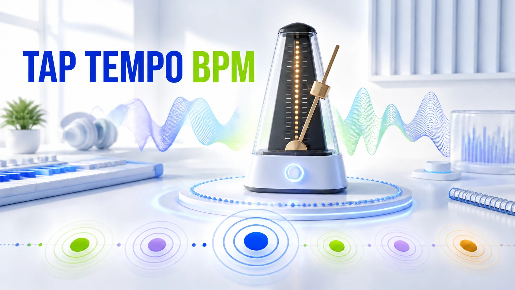 Tap Tempo BPM article illustration Light-theme Tap Tempo BPM illustration with a metronome, waveform, and beat pulses